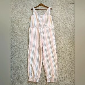 Drew Anthropologie Striped Linen Blend Sleeveless Raw Hem Jumpsuit